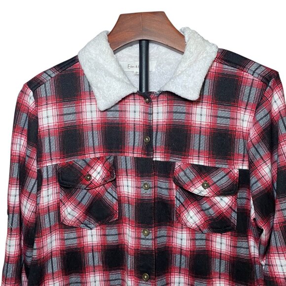 Eden & Olivia Womens Red Black Plaid Sherpa-Lined Button-Up Shirt Jacket Medium - Picture 2 of 7